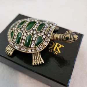 Metal Sea Turtle Trinket Box Hinged Vintage Jeweled Rhinestone